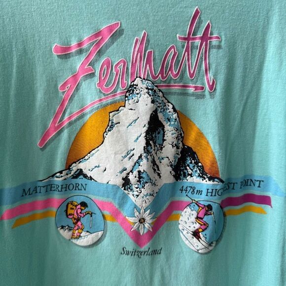 Vintage 80s Single Stitch Zermett Matterhorn Switzerland Aqua Pink Tshirt S - Picture 3 of 8